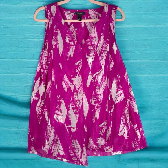 Alfani Tops - Alfani Sleeveless Artsy Pink Fuchsia Patterned Top Asymmetrical Hem Mesh Layers